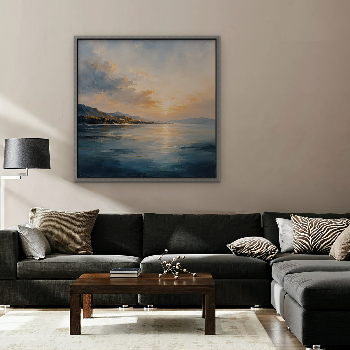 Golden Bay Sunrise Canvas Art - Square – Silver Floating Frame in room setting