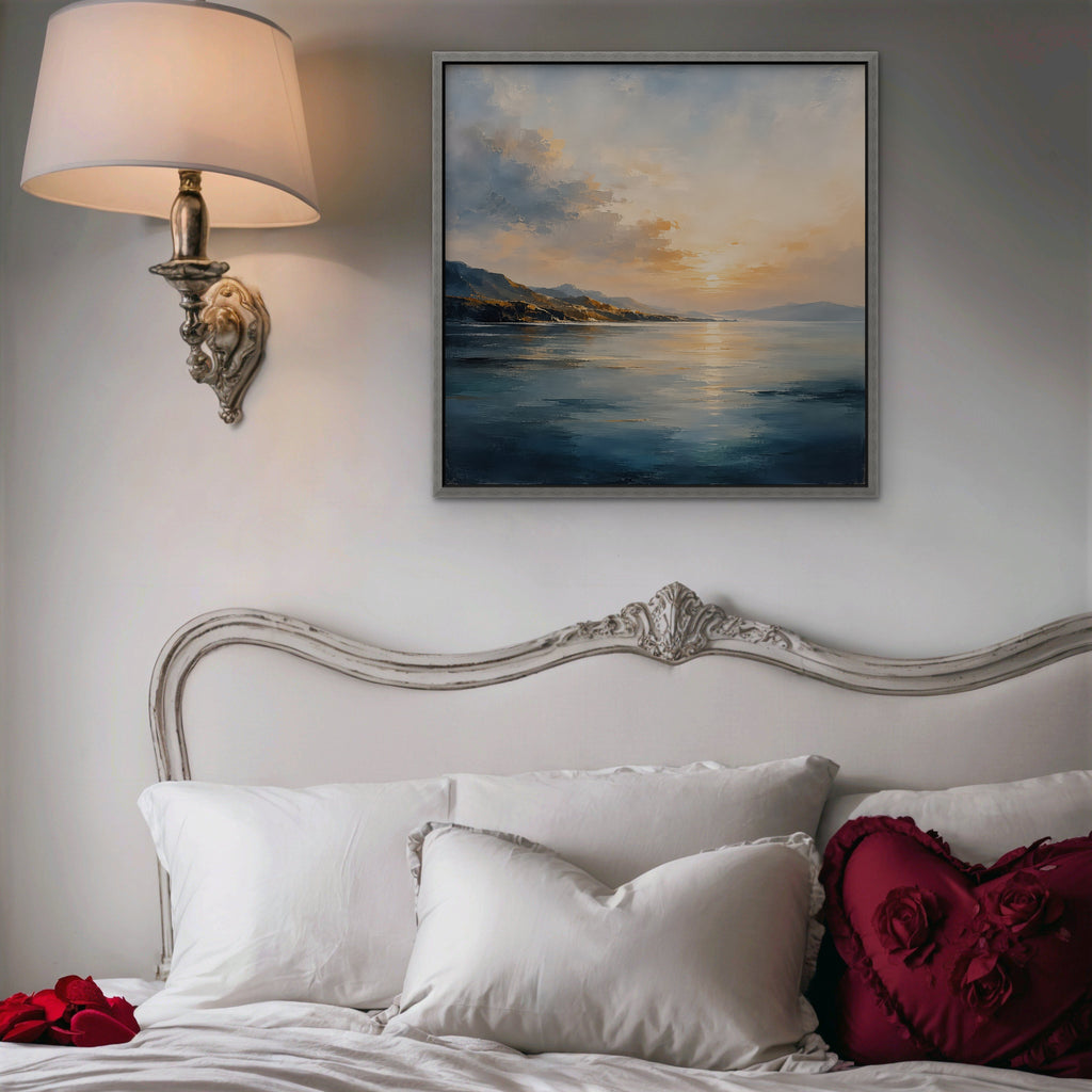 Golden Bay Sunrise Canvas Art - Square – Silver Floating Frame in room setting