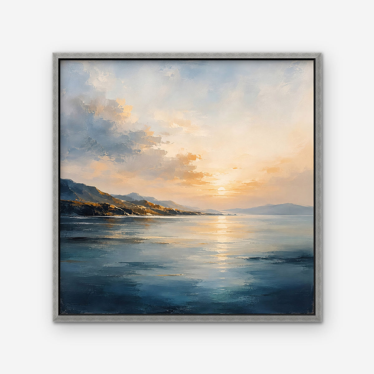 Golden Bay Sunrise Canvas Art - Square – Silver Floating Frame on white background