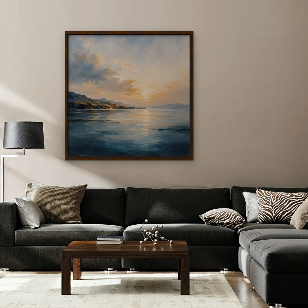 Golden Bay Sunrise Canvas Art - Square – Walnut Floating Frame in room setting