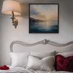Golden Bay Sunrise Canvas Art - Square – Walnut Floating Frame in room setting