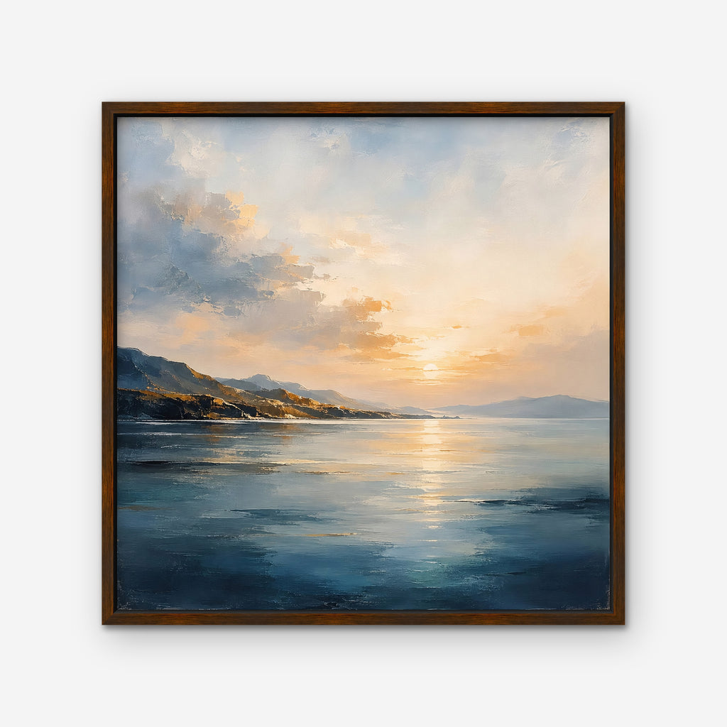 Golden Bay Sunrise Canvas Art - Square – Walnut Floating Frame on white background