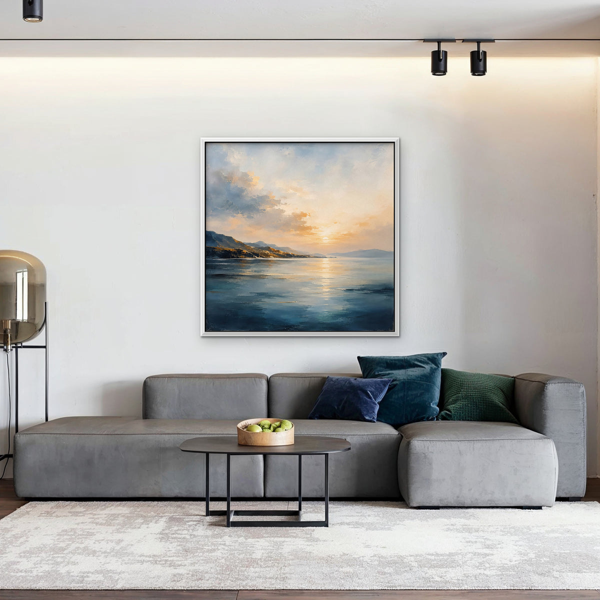 Golden Bay Sunrise Canvas Art - Square – White Floating Frame in room setting