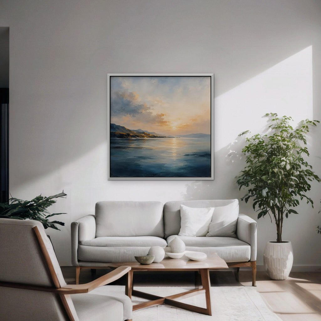 Golden Bay Sunrise Canvas Art - Square – White Floating Frame in room setting