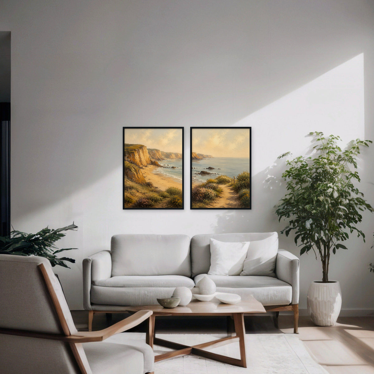 Golden Cliffs Coast Canvas Art – set of 2 vertical golden coastal cliffs landscape prints in a black floating frame in a modern living room