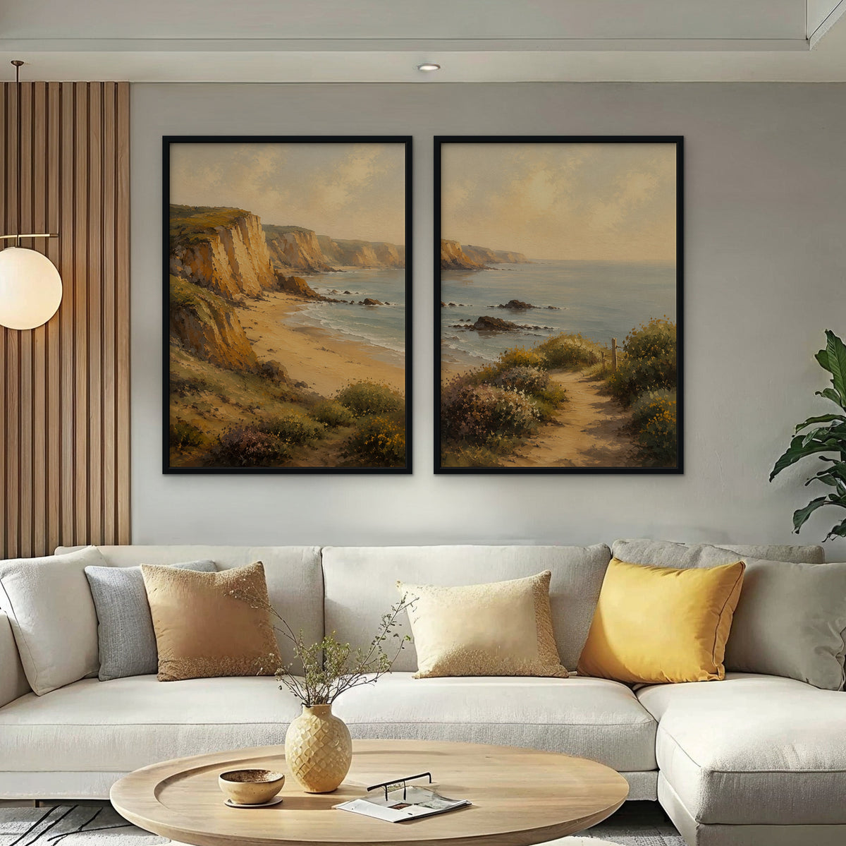 Golden Cliffs Coast Canvas Art – set of 2 vertical golden coastal cliffs landscape prints in a black floating frame in a bright living room