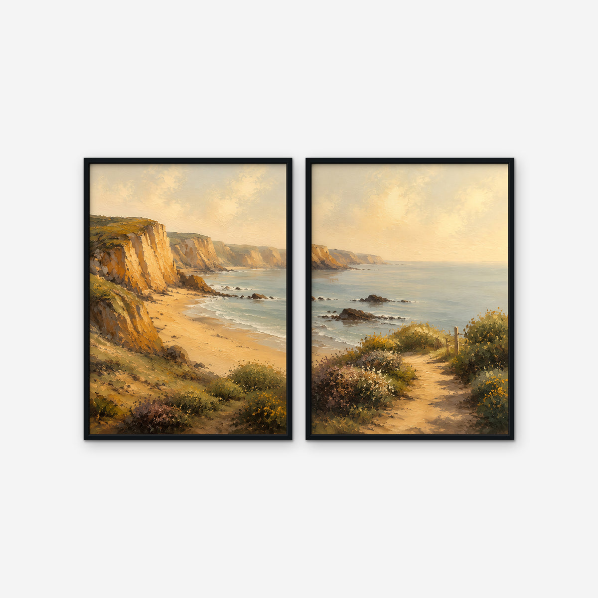 Golden Cliffs Coast Canvas Art – set of 2 vertical golden coastal cliffs landscape prints in a black floating frame on a white background
