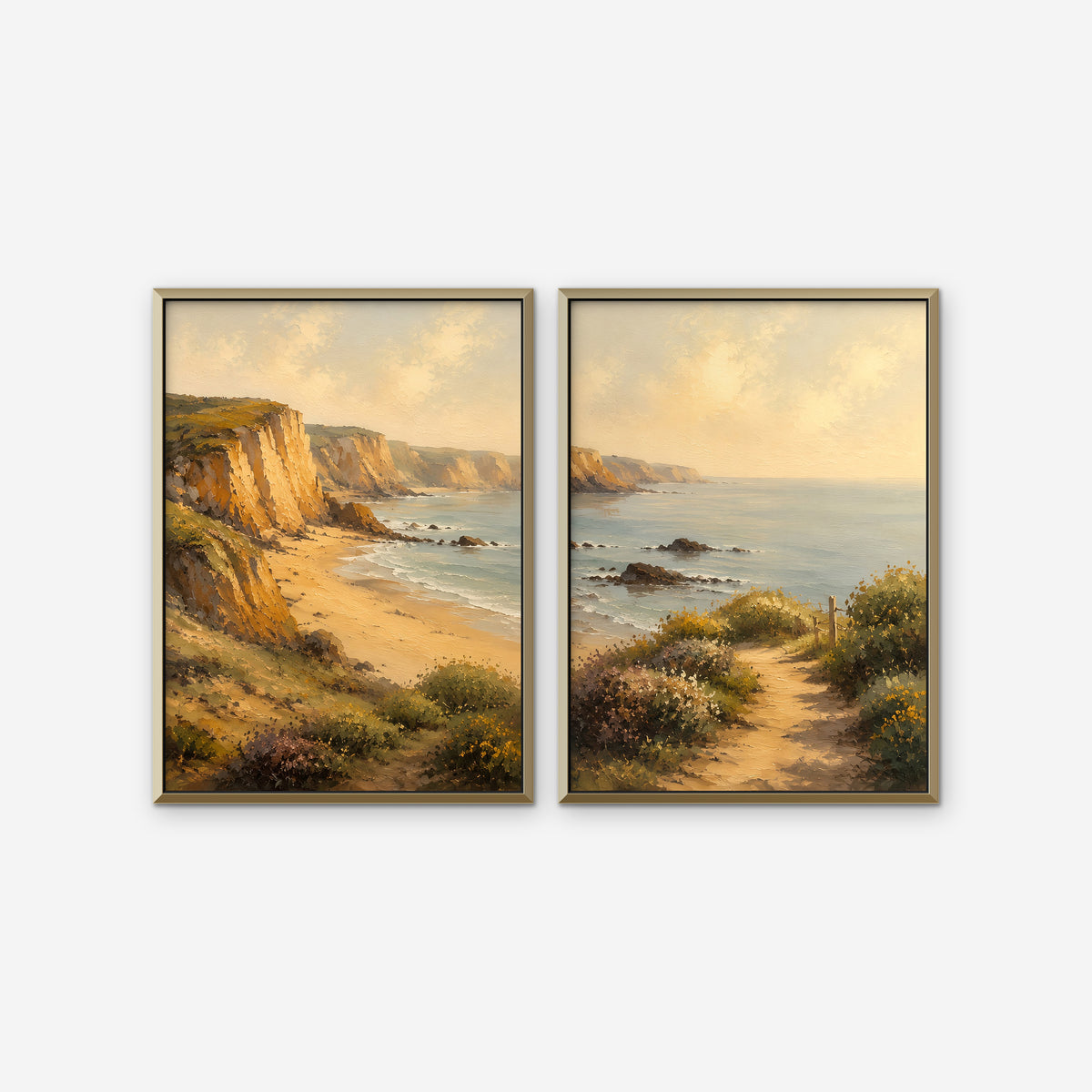 Golden Cliffs Coast Canvas Art – set of 2 vertical golden coastal cliffs landscape prints in a gold floating frame on a white background