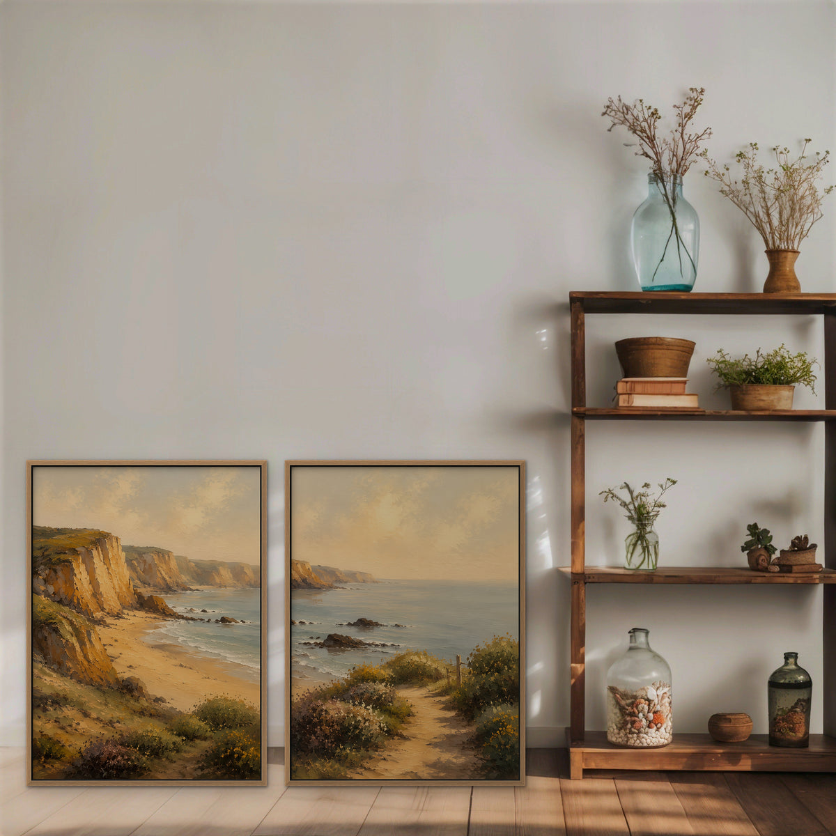 Golden Cliffs Coast Canvas Art – set of 2 vertical golden coastal cliffs landscape prints in an oak floating frame styled on a shelf