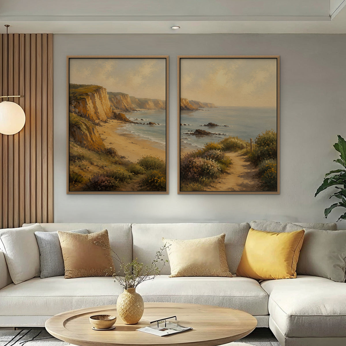 Golden Cliffs Coast Canvas Art – set of 2 vertical golden coastal cliffs landscape prints in an oak floating frame in a bright living room
