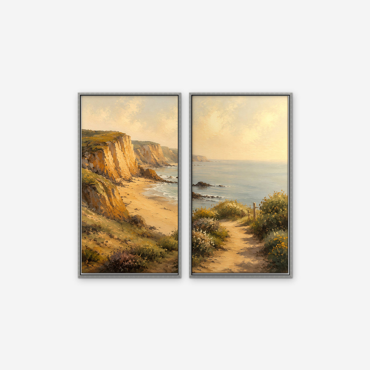 Golden Cliffs Coast Canvas Art - Set of 2 – Silver Floating Frame on white background