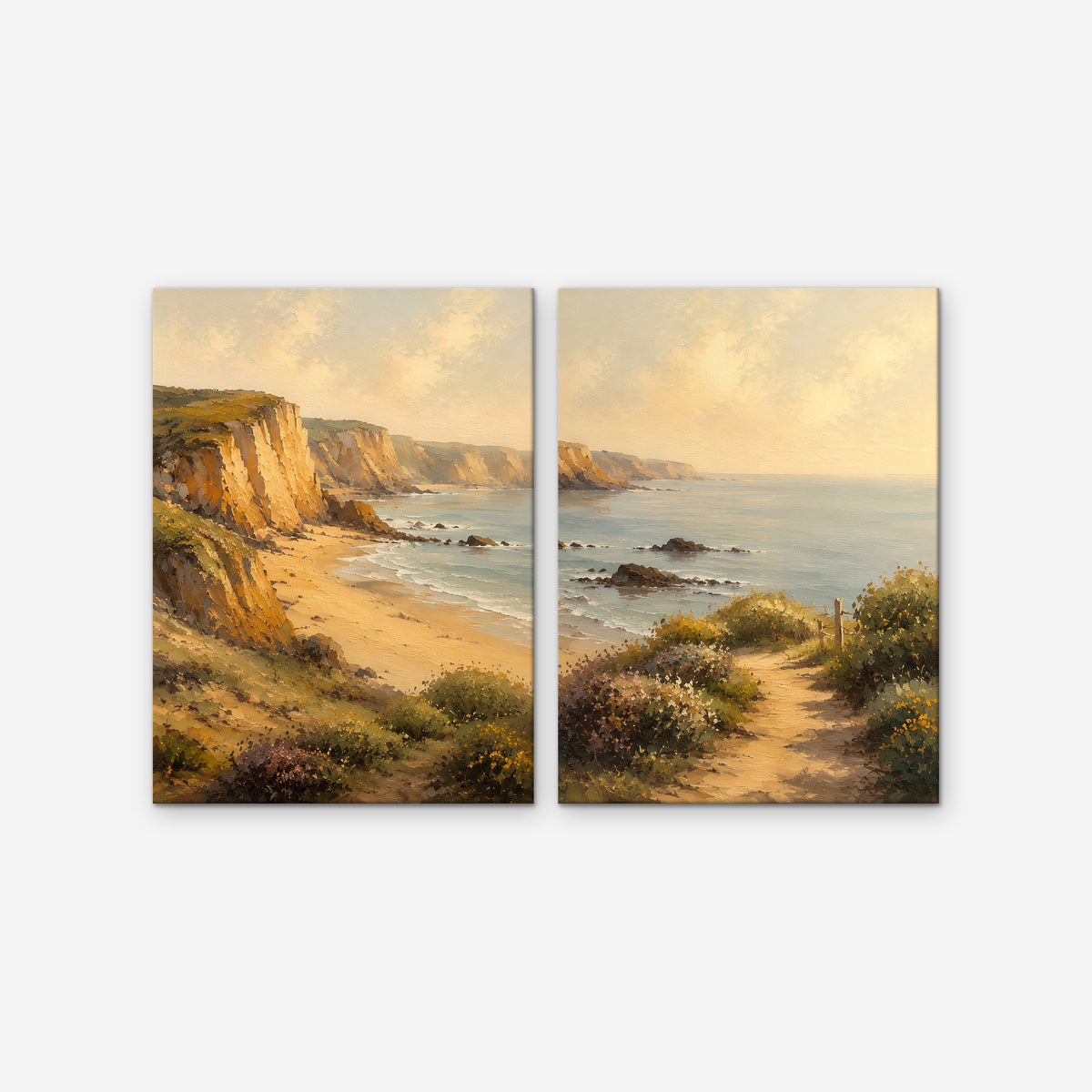 Golden Cliffs Coast Canvas Art – set of 2 vertical golden coastal cliffs landscape prints as a gallery-wrapped canvas on a white background