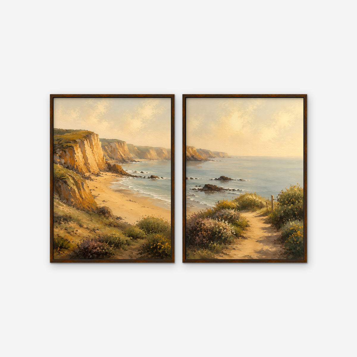 Golden Cliffs Coast Canvas Art – set of 2 vertical golden coastal cliffs landscape prints in a walnut floating frame on a white background