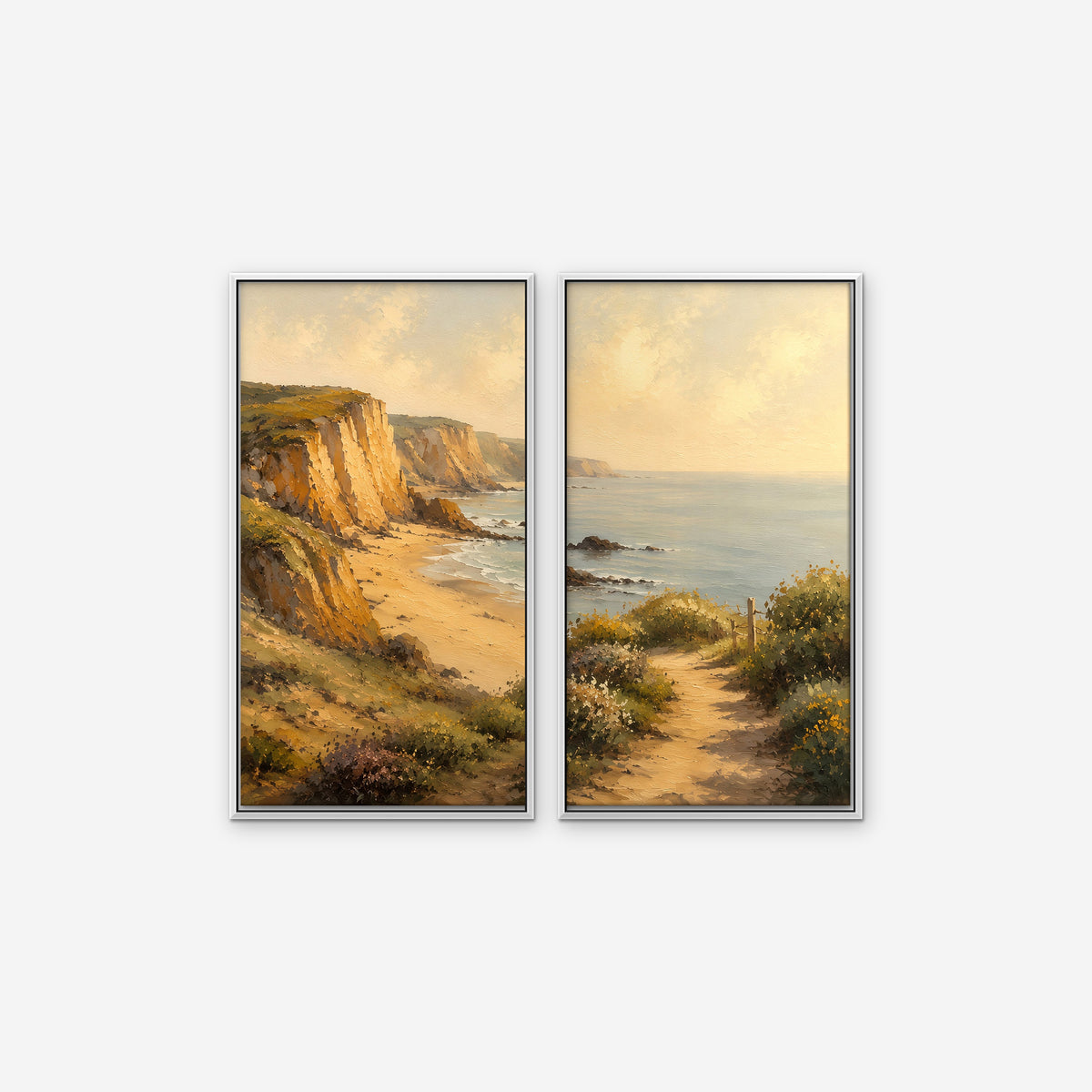 Golden Cliffs Coast Canvas Art - Set of 2 – White Floating Frame on white background