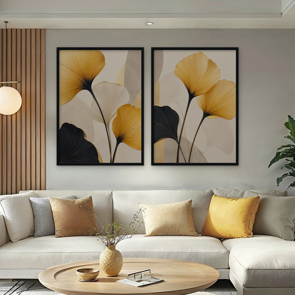 Golden Ginkgo Canvas Art - Set of 2 – Black Floating Frame in room setting