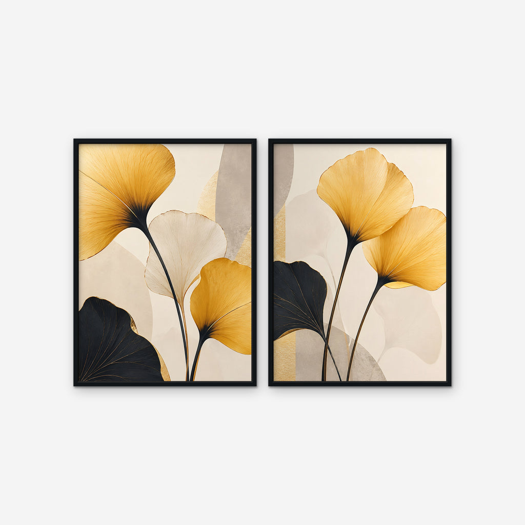 Golden Ginkgo Canvas Art - Set of 2 – Black Floating Frame on white background