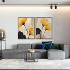 Golden Ginkgo Canvas Art - Set of 2 – Gold Floating Frame in room setting