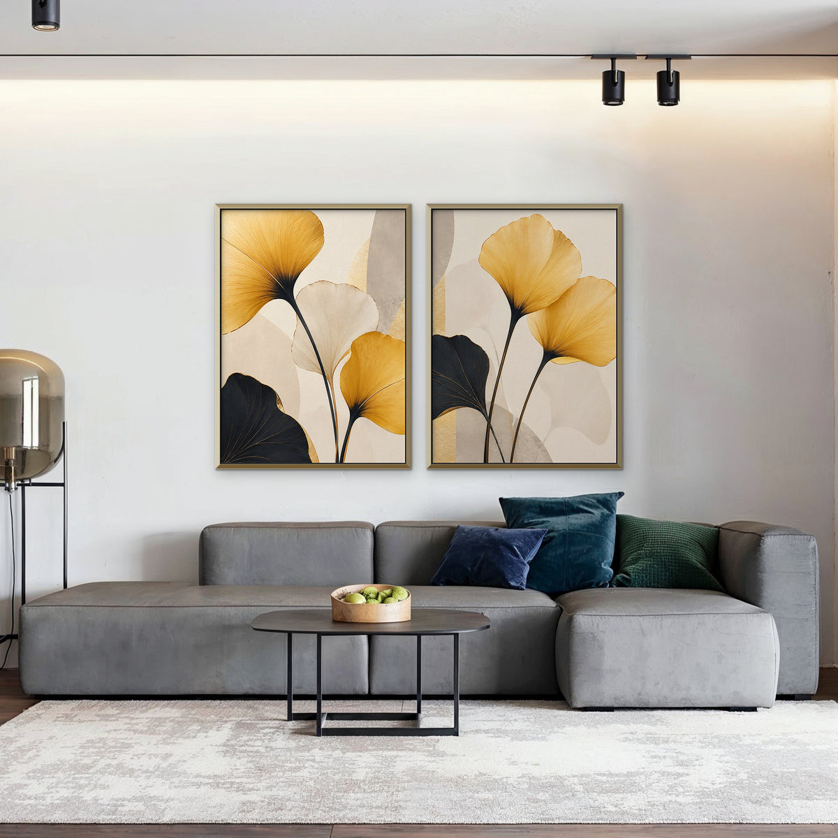 Golden Ginkgo Canvas Art - Set of 2 – Gold Floating Frame in room setting