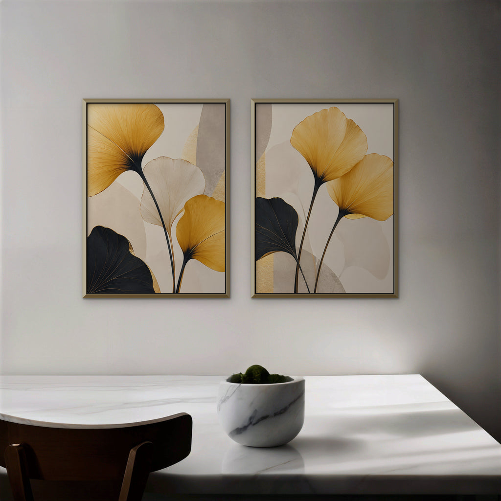 Golden Ginkgo Canvas Art - Set of 2 – Gold Floating Frame in room setting