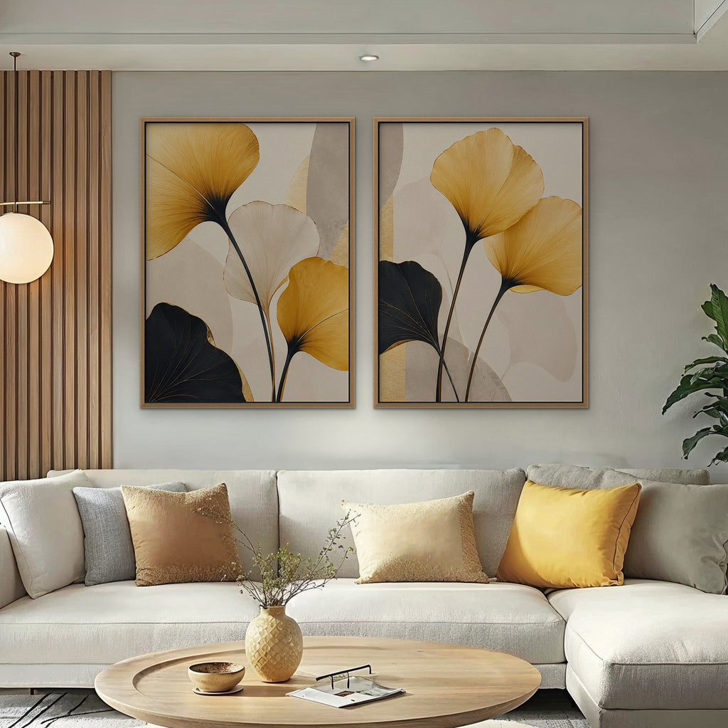 Golden Ginkgo Canvas Art - Set of 2 – Oak Floating Frame in room setting