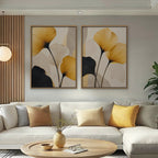 Golden Ginkgo Canvas Art - Set of 2 – Oak Floating Frame in room setting