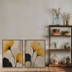 Golden Ginkgo Canvas Art - Set of 2 – Oak Floating Frame in room setting