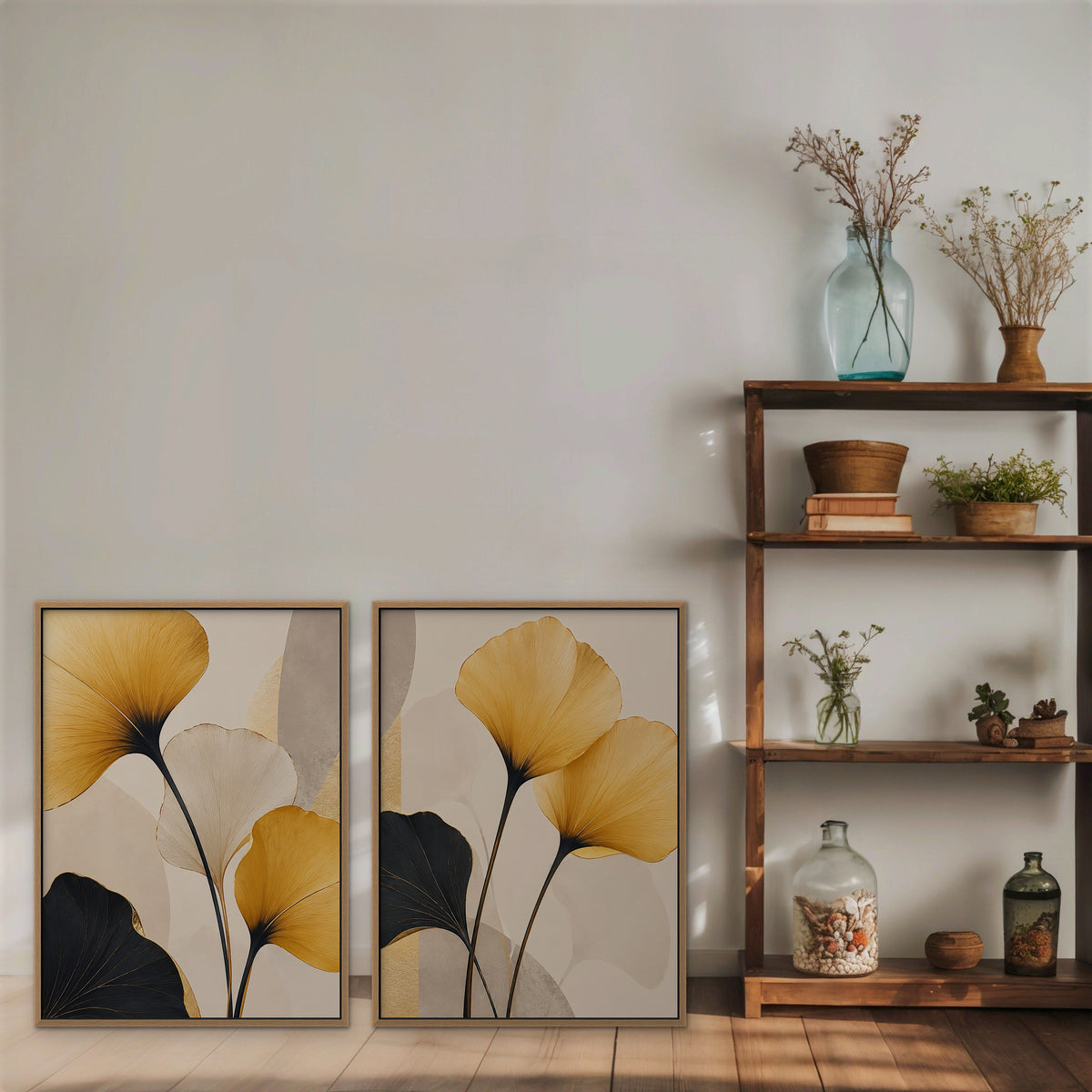 Golden Ginkgo Canvas Art - Set of 2 – Oak Floating Frame in room setting