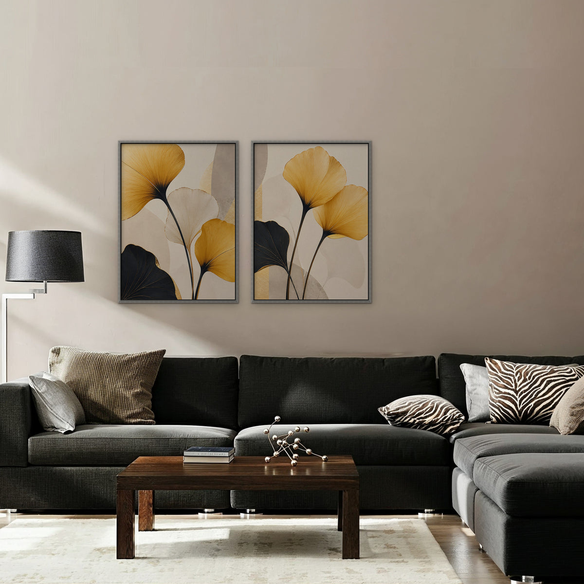 Golden Ginkgo Canvas Art - Set of 2 – Silver Floating Frame in room setting