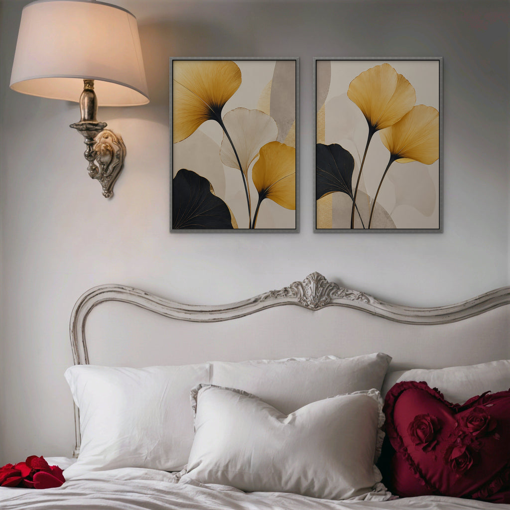 Golden Ginkgo Canvas Art - Set of 2 – Silver Floating Frame in room setting