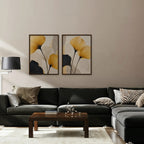 Golden Ginkgo Canvas Art - Set of 2 – Walnut Floating Frame in room setting