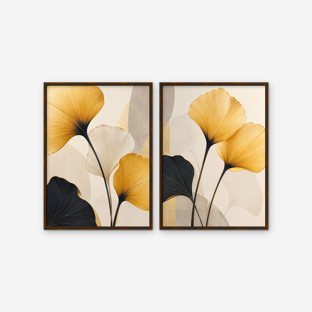 Golden Ginkgo Canvas Art - Set of 2 – Walnut Floating Frame on white background
