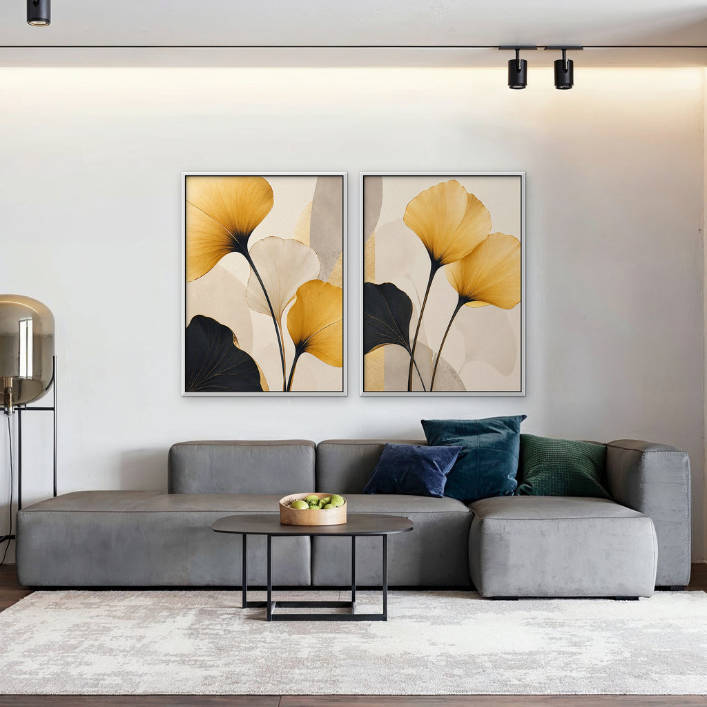 Golden Ginkgo Canvas Art - Set of 2 – White Floating Frame in room setting