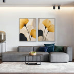 Golden Ginkgo Canvas Art - Set of 2 – White Floating Frame in room setting