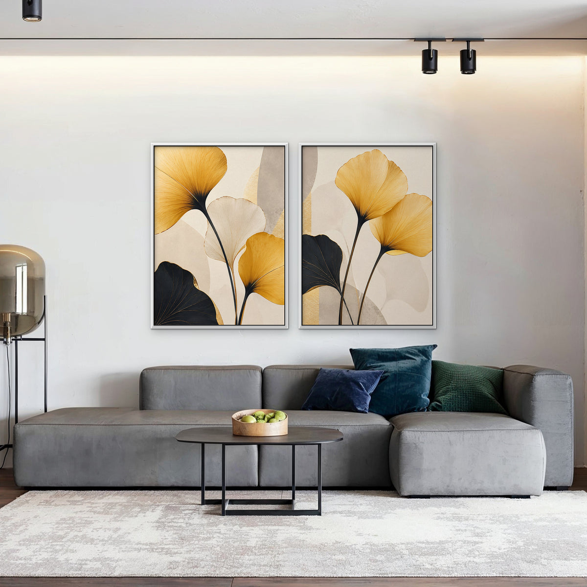 Golden Ginkgo Canvas Art - Set of 2 – White Floating Frame in room setting