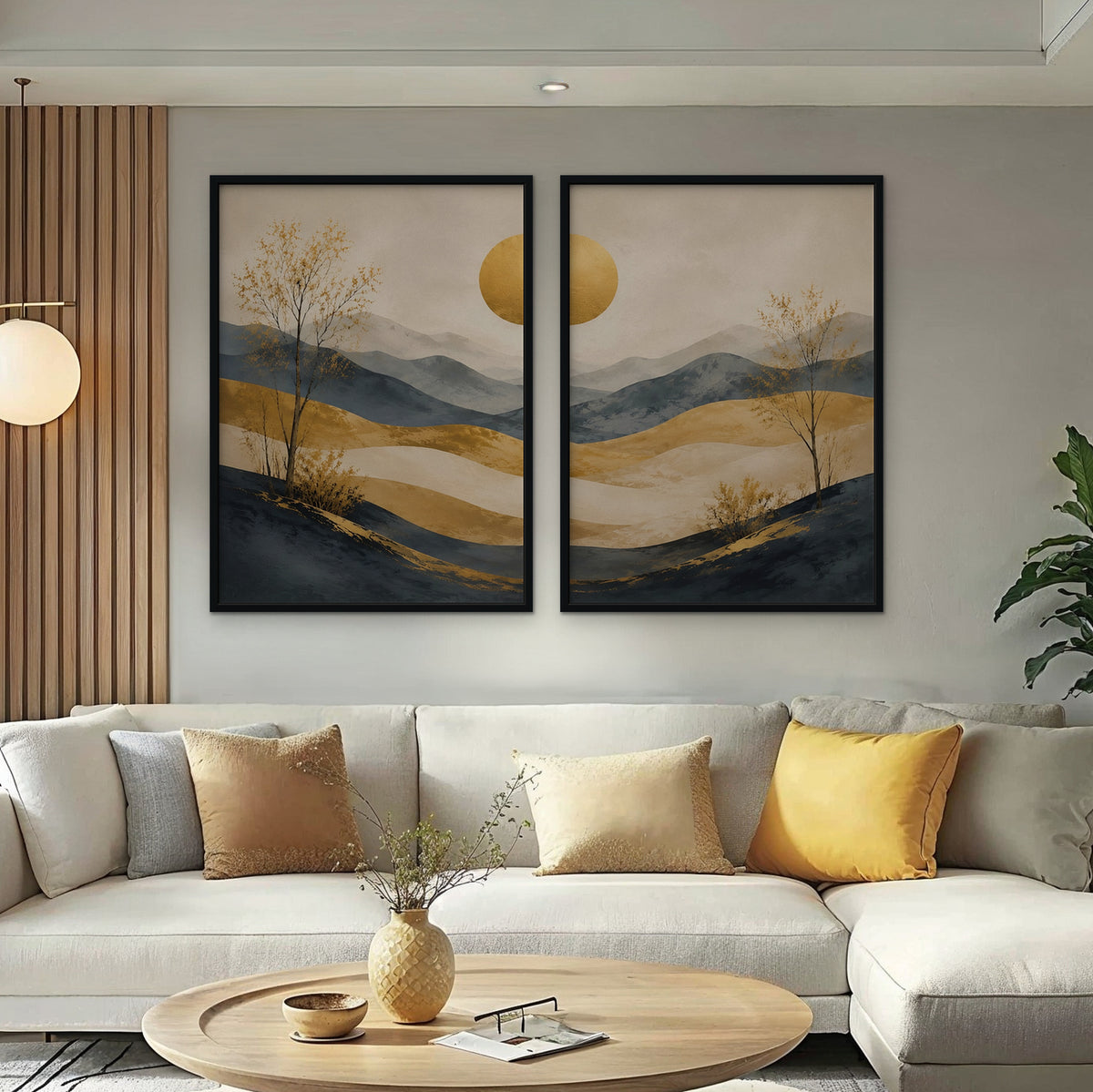 Golden Hills Canvas Art - Set of 2 – Black Floating Frame in room setting