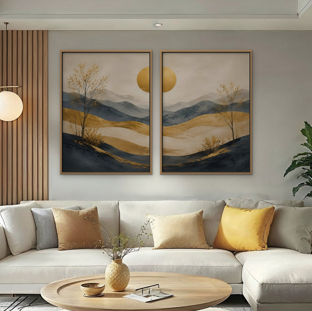 Golden Hills Canvas Art - Set of 2 – Oak Floating Frame in room setting