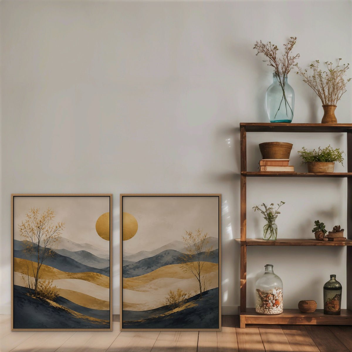 Golden Hills Canvas Art - Set of 2 – Oak Floating Frame in room setting