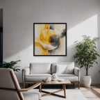 Golden Orbit Canvas Art – square golden yellow abstract print in a black floating frame in a modern living room