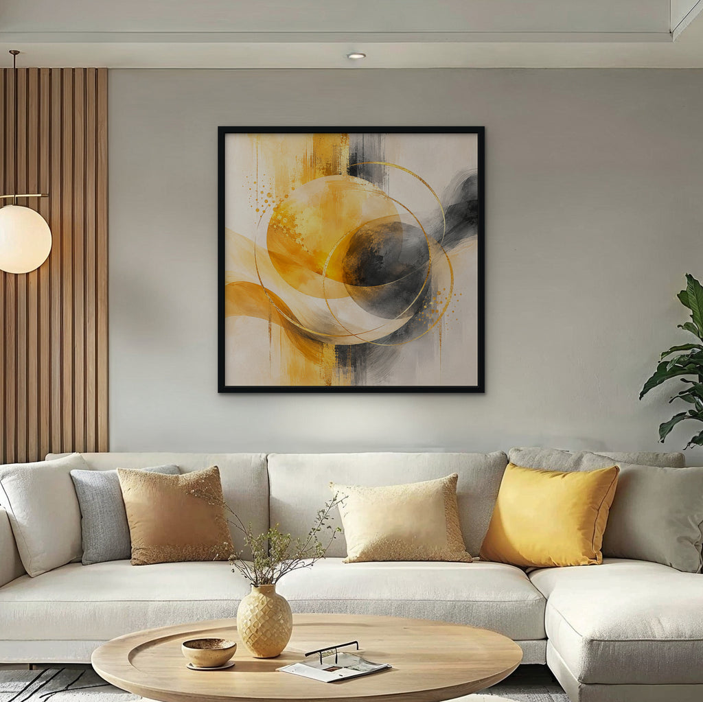 Golden Orbit Canvas Art – square golden yellow abstract print in a black floating frame in a bright living room