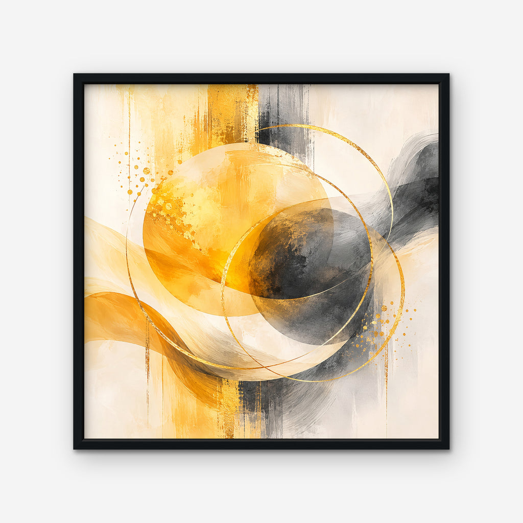 Golden Orbit Canvas Art – square golden yellow abstract print in a black floating frame on a white background