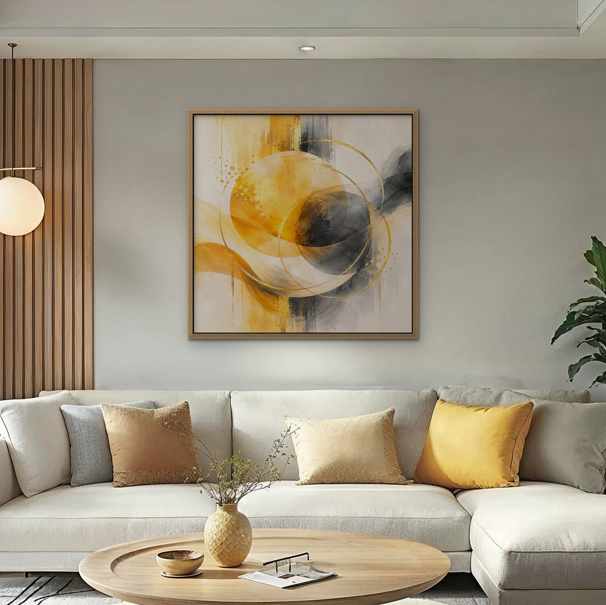 Golden Orbit Canvas Art – square golden yellow abstract print in an oak floating frame in a bright living room