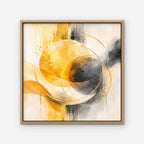 Golden Orbit Canvas Art – square golden yellow abstract print in an oak floating frame on a white background