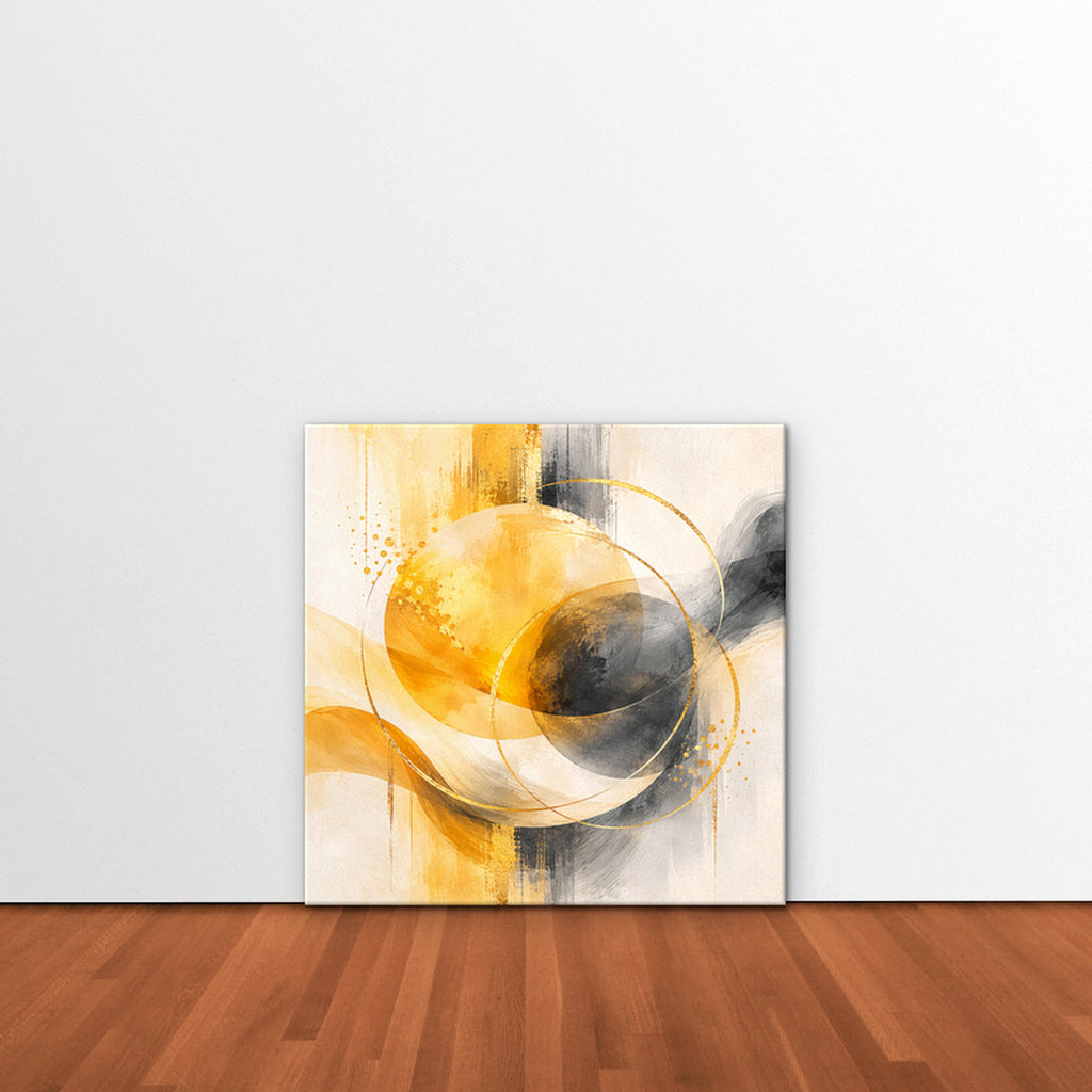Golden Orbit Canvas Art – square golden yellow abstract print as a gallery-wrapped canvas leaning against a white wall