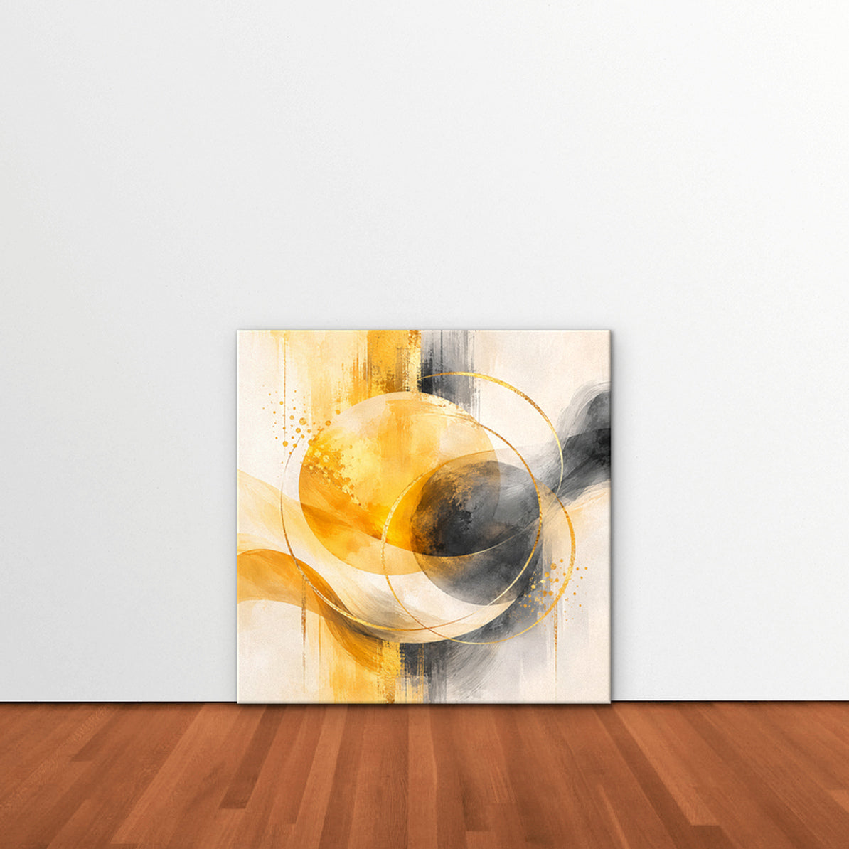 Golden Orbit Canvas Art – square golden yellow abstract print as a gallery-wrapped canvas leaning against a white wall
