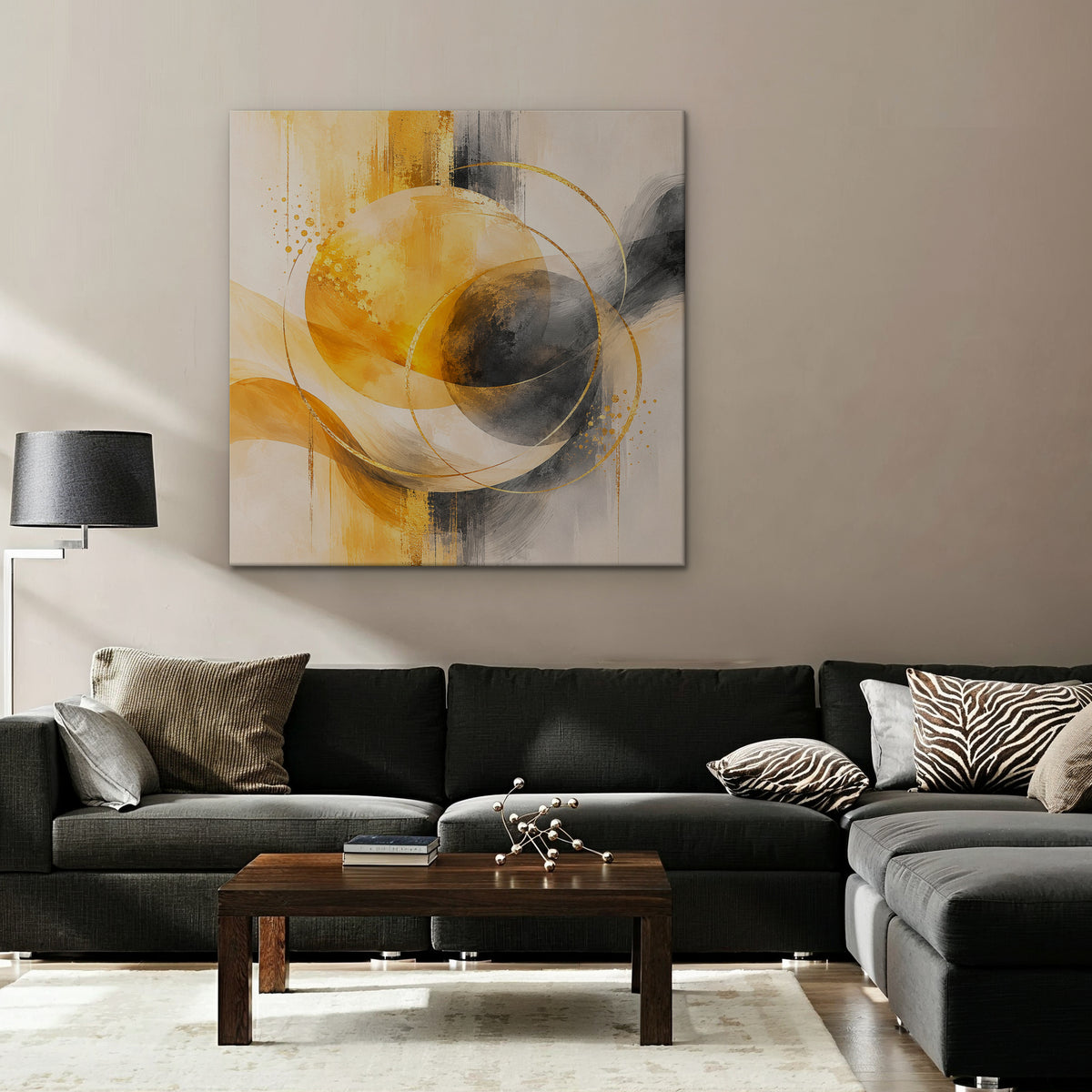Golden Orbit Canvas Art – square golden yellow abstract print as a gallery-wrapped canvas in a taupe living room