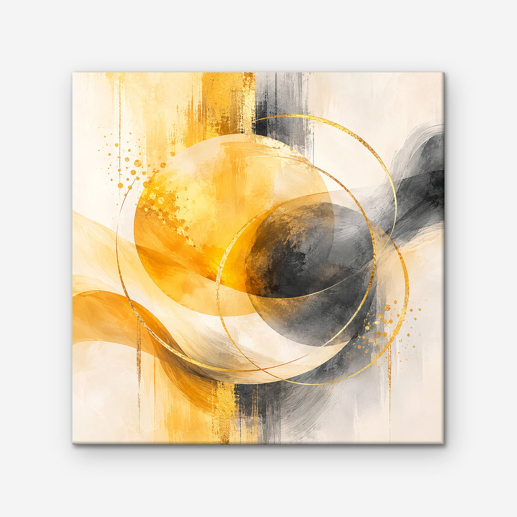 Golden Orbit Canvas Art – square golden yellow abstract print as a gallery-wrapped canvas on a white background