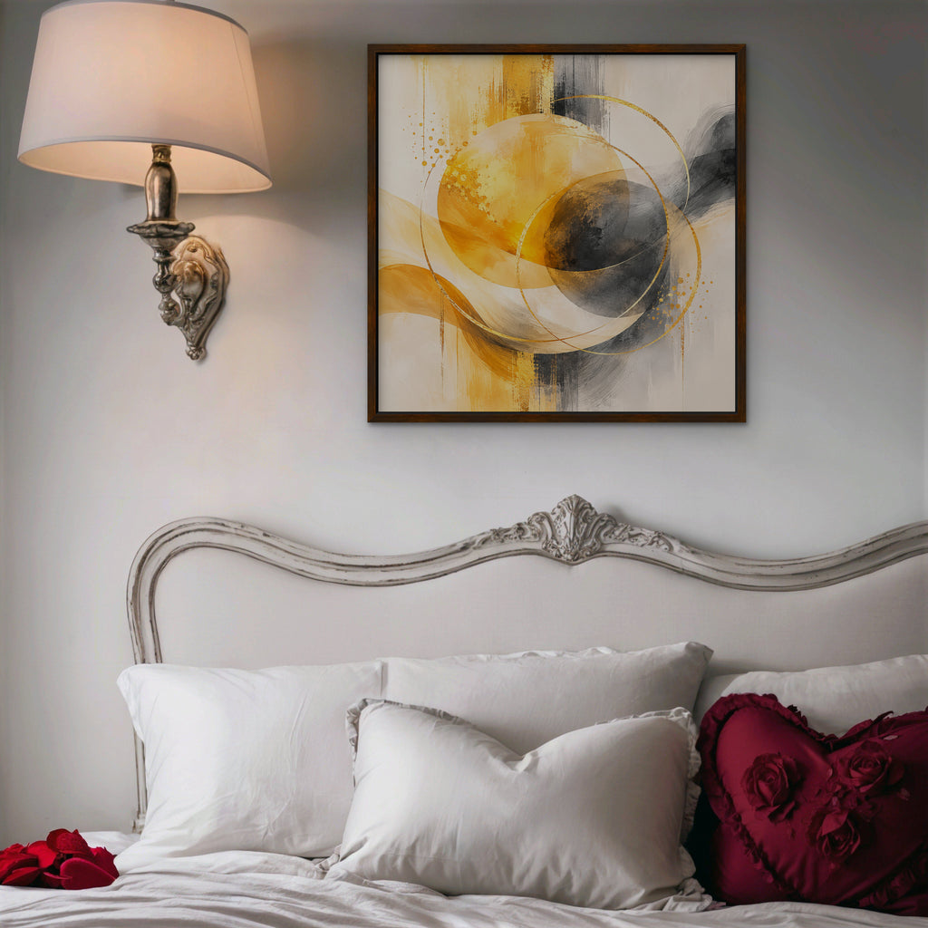 Golden Orbit Canvas Art – square golden yellow abstract print in a walnut floating frame in a bedroom