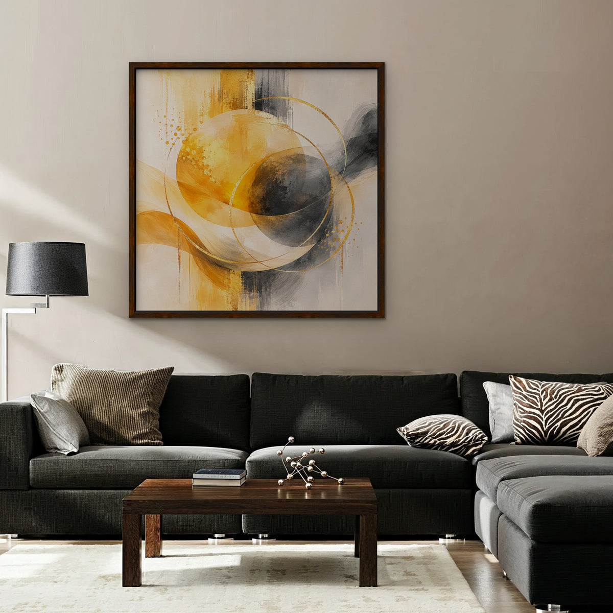 Golden Orbit Canvas Art – square golden yellow abstract print in a walnut floating frame in a taupe living room