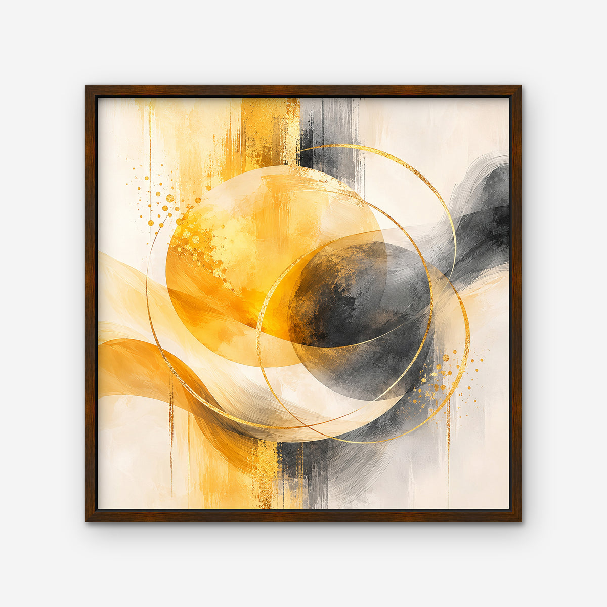 Golden Orbit Canvas Art – square golden yellow abstract print in a walnut floating frame on a white background