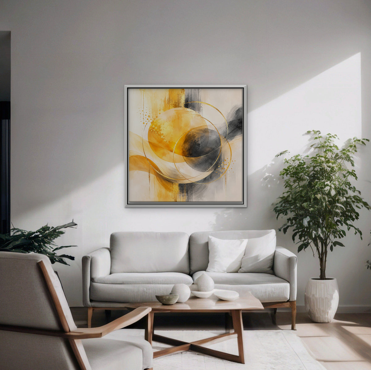 Golden Orbit Canvas Art - Square – White Floating Frame in room setting